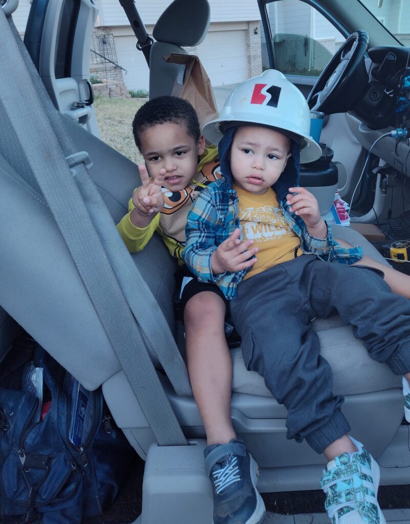 son with hard hat